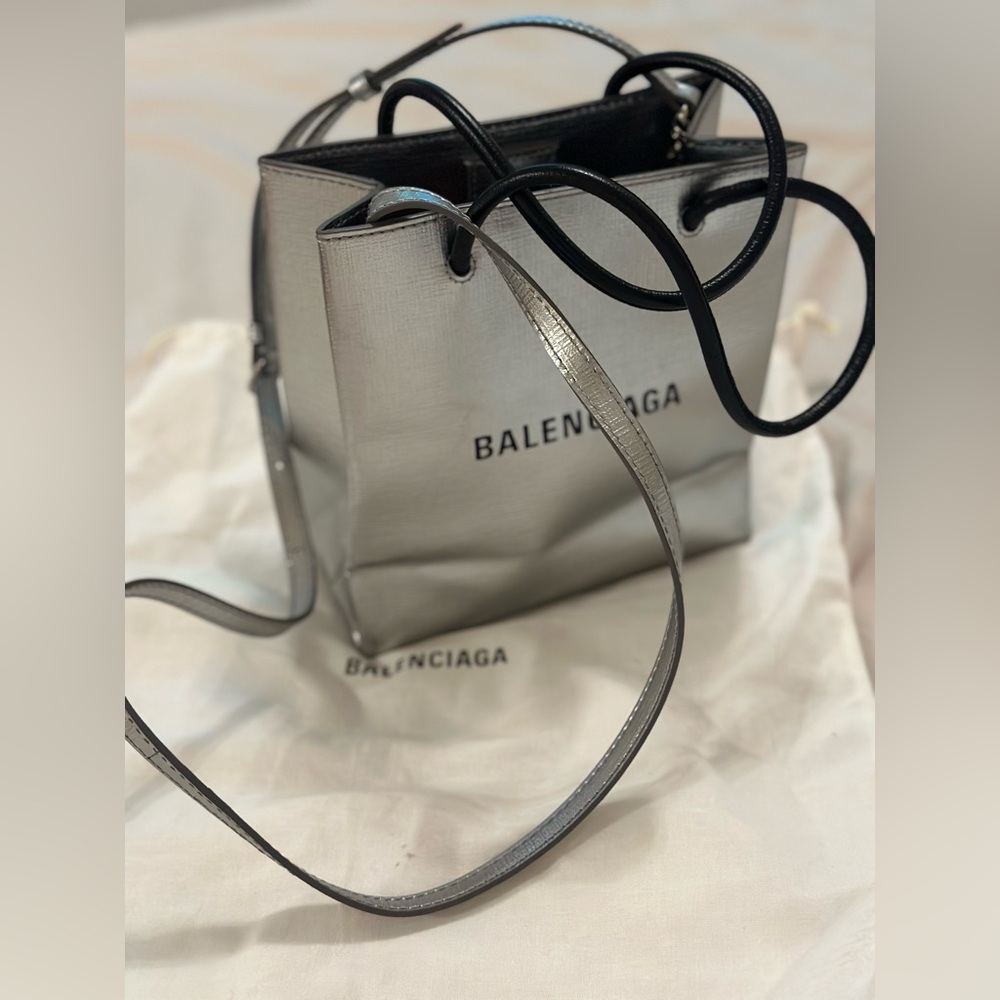 BALENCIAGA shopping tote bag silver leather 597858 XXS